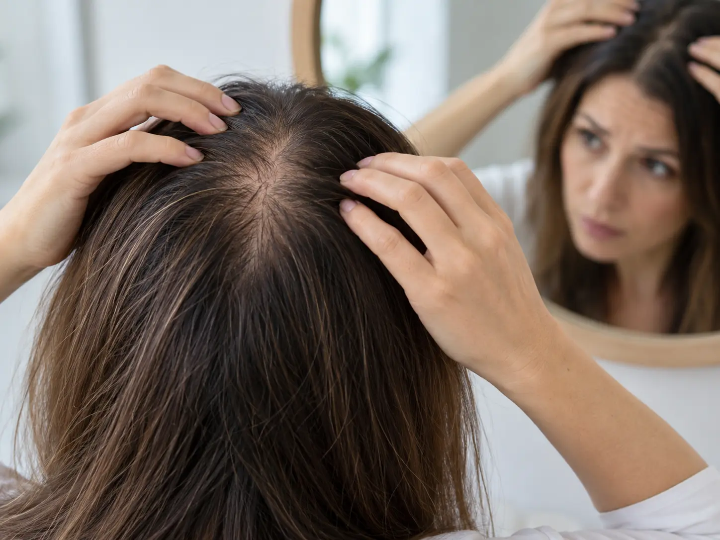Mulher pondera marcar consulta no dermatologista devido à queda de cabelo