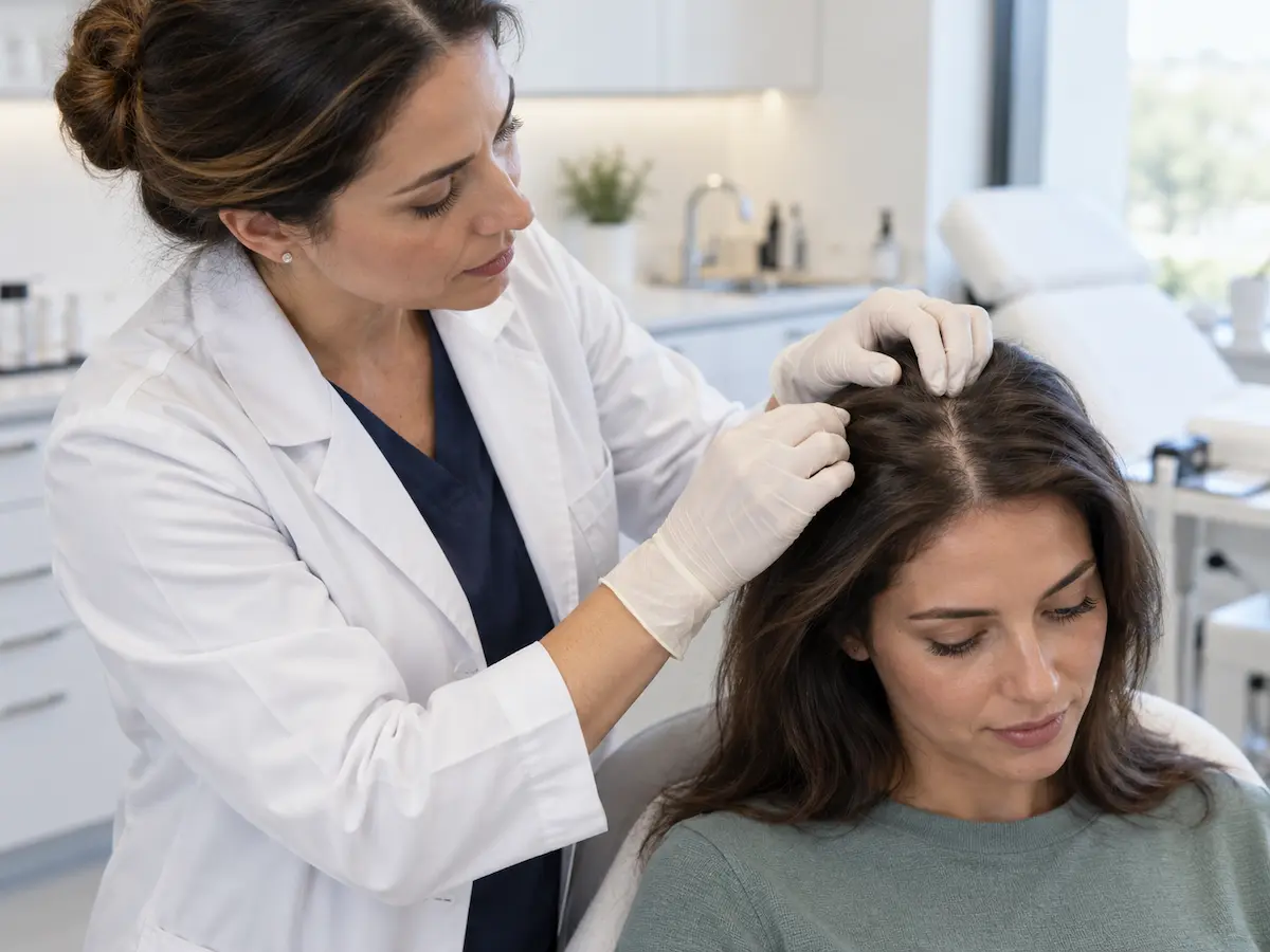 Dermatologista vê a queda e cabelo numa mulher