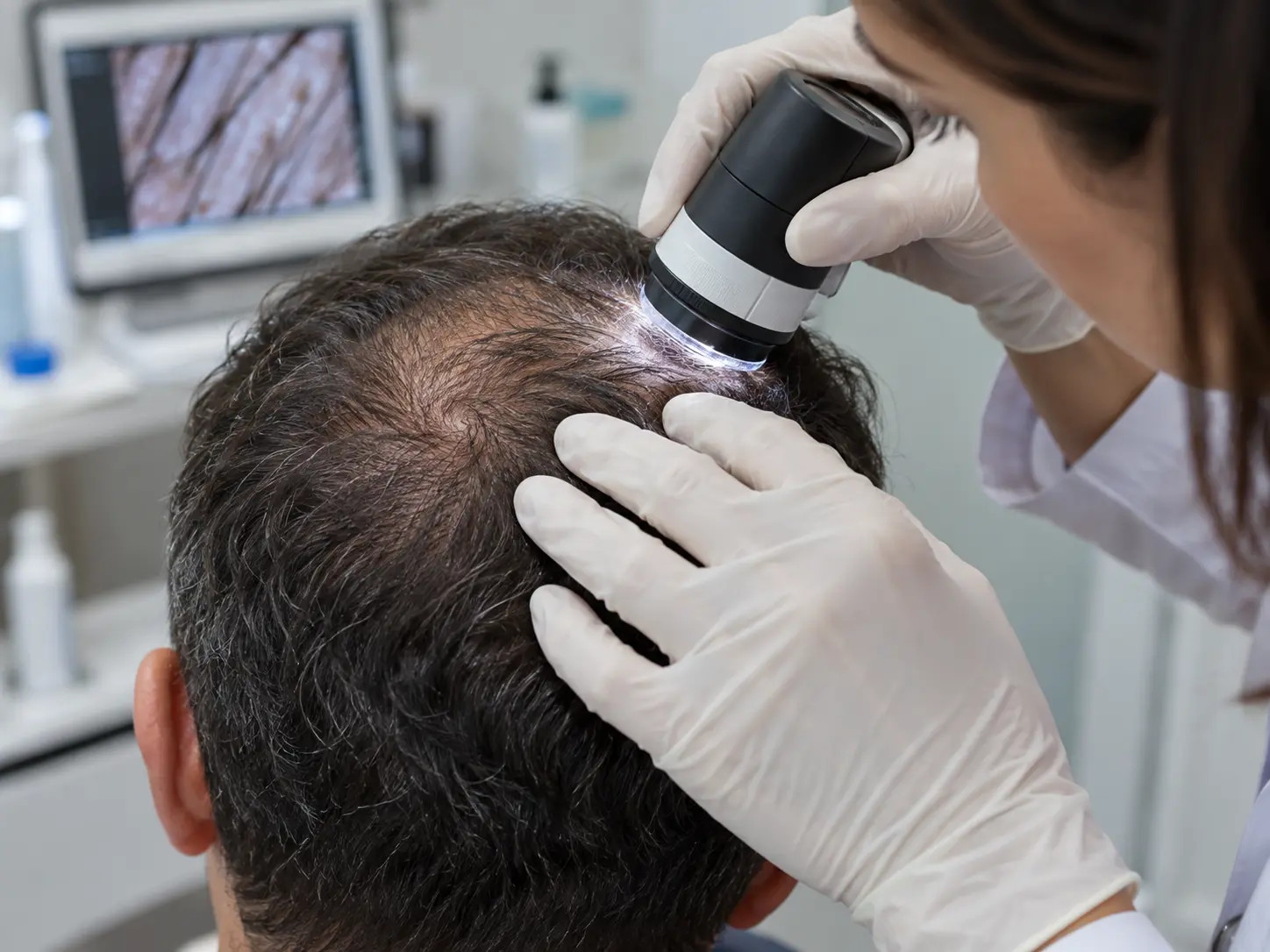 Homem visita um dermatologista devido à queda de cabelo